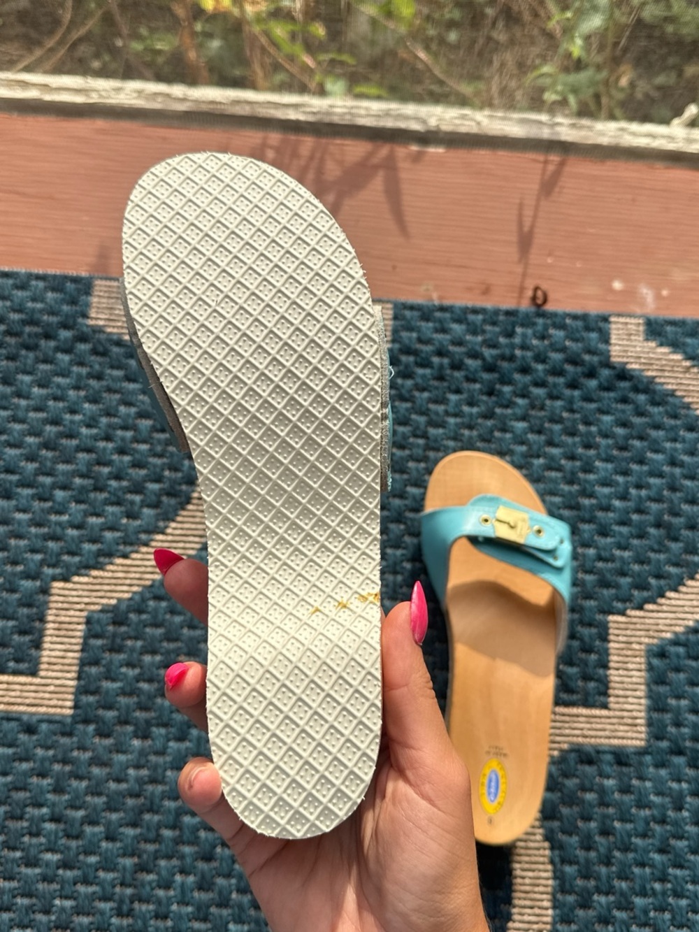 Dr. Scholl's Turquoise Slide Sandals with Gold Buckle - Picture 3 of 4